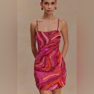 Meshki Eloise Hand Beaded Mini Dress - pink Swirl NWT